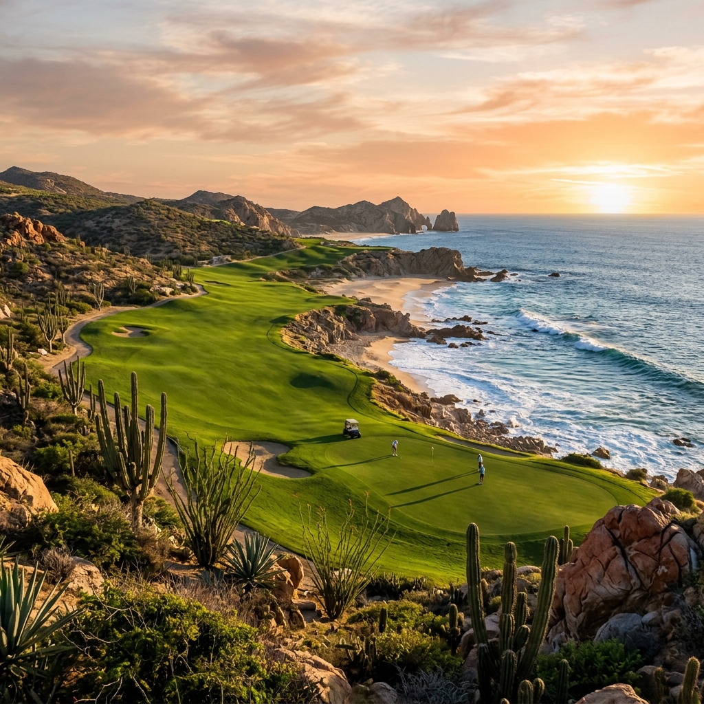 Hoyo 17 par 3 del Ocean Course sobre el Mar de Cortés