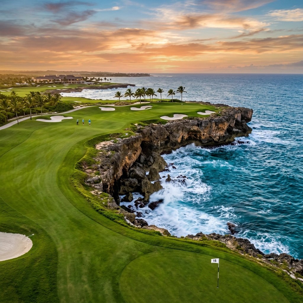 Hoyo 18 Devil's Elbow de Corales Golf Course con el Caribe al fondo